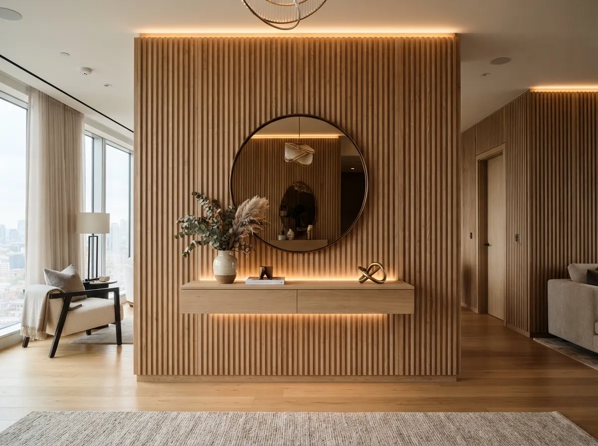 Fluted oak feature wall with a floating console